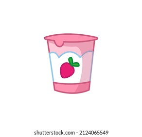 Strawberry Yogurt. Vector Illustration Of Children's Dessert In Cartoon Childish Style. Isolated Funny Clipart On White Background. Cute Print