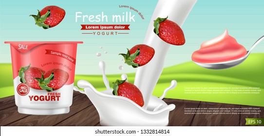 Strawberry yogurt Vector realistic. Product placement mock up. Fresh yogurt splash with fruits. Label design. 3d detailed illustrations