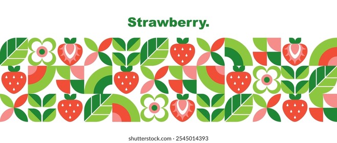 Strawberry.Abstract geometric design.Berries and leaves.Set with simple icons in flat style.Elements isolated on white background.Seamless pattern.Seamless border.Organic food. Vector illustration.