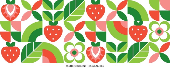 Strawberry.Abstract geometric seamless pattern.Set with simple icons in flat style.Berries, leaves and flowers.Natural background.Organic food.Vector illustration.