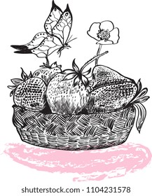 Strawberryes in a wicker basket painted in a graphic style, the color of a strawberry and a butterfly flying.