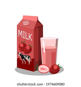 Strawberry-flavored fresh milk in a clear glass and in a box.With strawberry fruit placed on the side.Vector illustration isolated on white background.