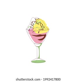 Strawberry-mango ice cream with chocolate in a clear glass, isolated on a white background. Vector illustration in the outline style