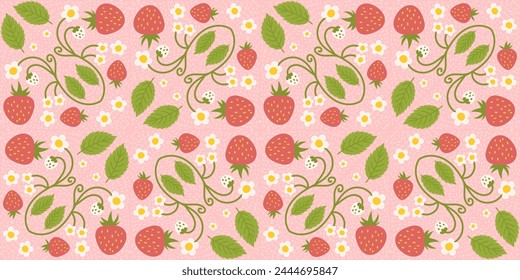 Strawberry-themed seamless pattern design featuring delightful berries, flowers, green leaves. Recurring surface design suitable for clothing, textiles, wrapping paper, and various applications.