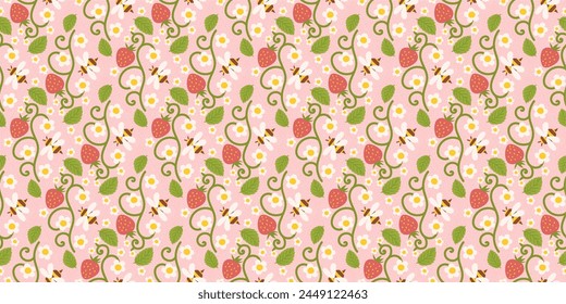 Nahtloses Design mit Erdbeermotiv mit herrlichen Beeren, Blumen, grünen Blättern und einer winzigen Biene. Wiederkehrendes Oberflächendesign geeignet für Kinderbekleidung, Textilien, Wickelpapier