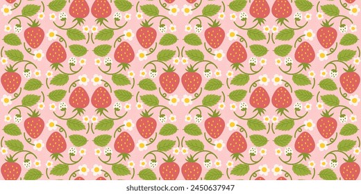 Strawberry-themed seamless pattern design featuring delightful berries, flowers, green leaves. Recurring surface design suitable for apparel, textiles, wrapping paper, and various applications.