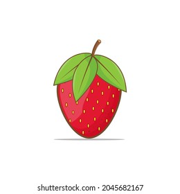 strawbery fruit with big green leaves isolated on a white background. design elements, logo templates, vegetarian menu decoration. Flat style illustration