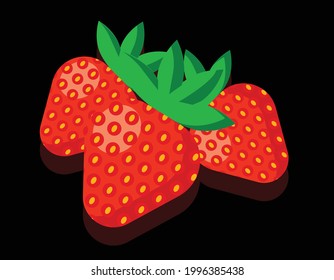 strawbery fruit simple icon, three berries, black background, vector illustration