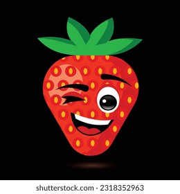 strawbery wink, face smiling, cartoon character, fruit simple icon, vector illustration