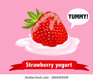 Strawbery and yogurt on pink background with text, close up hand drawing vector illustration.