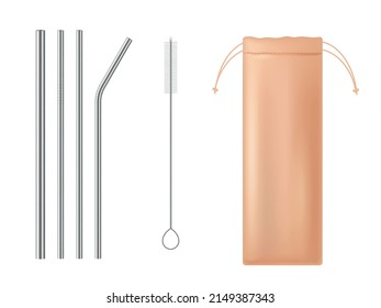 Straws for drink. Realistic beverage pipes. Silver cocktail sticks. Steel straight and curved tools. Cleaning ramrod brush and storage bag. Zero waste. Vector ecological svg
