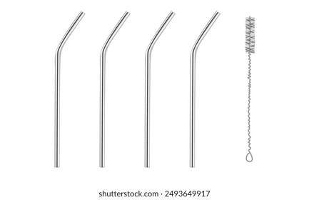 Straws for drink. Realistic beverage pipes. Silver cocktail sticks. Steel straight and curved tools. Cleaning ramrod brush. Zero waste. Vector ecological flat illustration isolate on white .