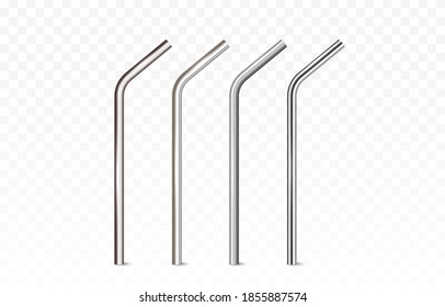 Straws set isolated on transparent background. Stainless, steel, aluminum or silver pipes. Vector 3d eco reusable metal tubes