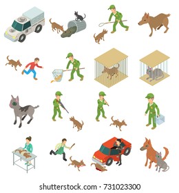 Stray animals icons set. Isometric illustration of 16 stray animals vector icons for web