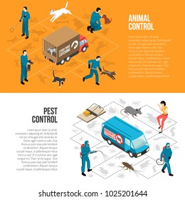 Stray animals pest control agency services 2 isometric horizontal infographic elements banners with text isolated vector illustration 