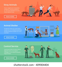 Stray animals problems 3 flat horizontal banners set webpage design with animal shelters abstract isolated vector illustration