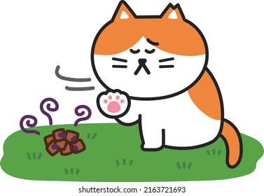 The stray cat dislikes the remaining food on the field. Vector illustration isolated on white background.