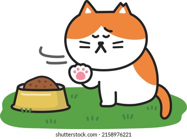 A stray cat has no appetite and a cat bowl on the field. Vector illustration isolated on white background.