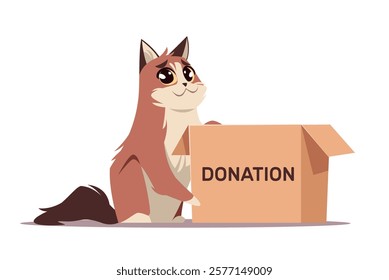 Stray cat near box asking for donations. Sad homeless domestic animal. Volunteering and assistance. Pet asking for support cartoon flat style isolated vector charity and adoption concept