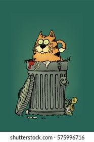 Stray cat.Tubby cat in trashcan.Cartoon character.vector illustration