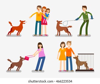 Stray dog or abandoned dog. Set of cartoon icons vector illustration