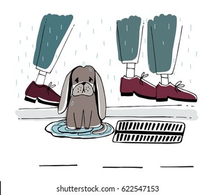 The Stray Dog At Street. Homeless Puppy With Sad Look Under Rain. Hand Drawn Vector Illustration.