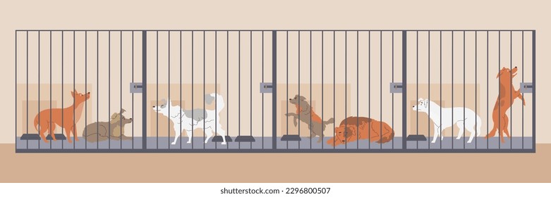 Stray dogs in cells flat style, vector illustration. Sad and aggressive animals, rehabilitation or adoption center for homeless dogs, sleeping and walking