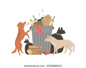 Stray Hunde graben im Mülleimer-Stil, Vektorgrafik einzeln auf weißem Hintergrund. Dekoratives Design, unglücklich hungrige Obdachlose, Mülldosen und Taschen