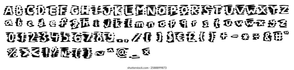 Streak english latin abc alphabet font with digits and symbols handwritten A to Z, 0 to 9 collection. Vector illustration in doodle style isolated on white background. For design, menu, brand, cafe.