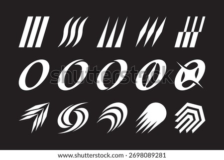 Streak geometric icon set. Speed dynamic form element design collection. Set of energy, aerodynamic, crescent, line, curved decorative bundle. Vector technology inspired symbol logo illustration pack