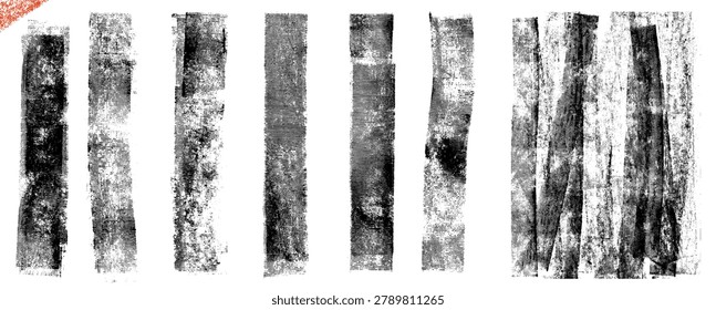 Streak roller ink element, strip texture with paint print for poster and zine layout. Urban letterpress stamp and linocut brick tag paper. Vector streak rolled grunge set with long irregular patches.