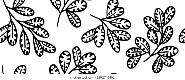 Streaked leaves vector seamless pattern. Abstract black and white botanical background. Hand drawn leaves with scribble textures. Sketches and doodles of plants. Design elements with ink and brush.