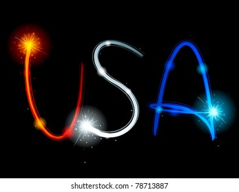 Streaks of light left by sparklers spell USA