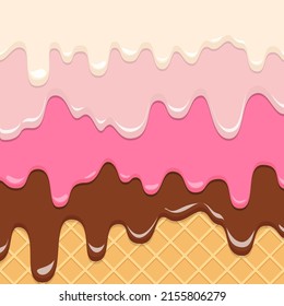 Streaks of melted ice cream - vanilla, chocolate, strawberry. Waffle texture