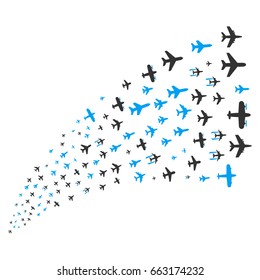 Stream of airplanes icons. Vector illustration style is flat blue and gray iconic airplanes symbols on a white background. Object fountain constructed from design elements.