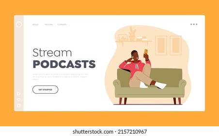 Stream Audio Podcast Online, Audiobook Landing Page Template. Young Man Character Sit in Comfortable Armchair at Home Listening Podcast Using Smartphone and Headset. Cartoon People Vector Illustration