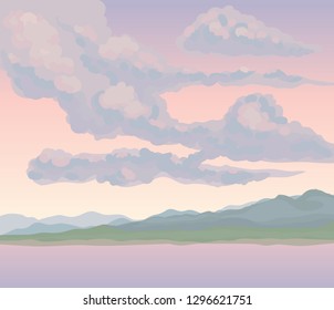 Stream bank fog scenery view on red heaven backdrop. Bright gloomy color hand drawn gale rocky mount painting sketch picture in art cartoon graphic style. Panoramic windy scene with copyspace for text