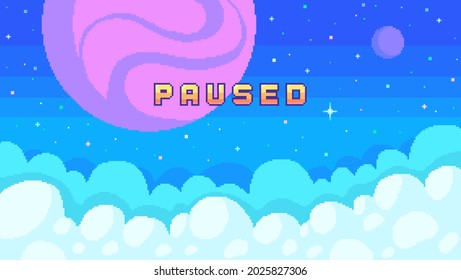 Stream banner with phrase Paused. Planets and clouds on starry sky. Streaming screen background for online broadcast. Vector illustration in pixel art.