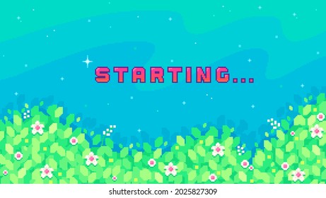 Stream banner with phrase Starting. Flowers and starry sky. Streaming screen background for online broadcast. Vector illustration in pixel art.