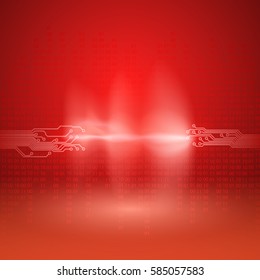 Stream of binary code with a circuit board texture and current arc. EPS10 vector red background.
