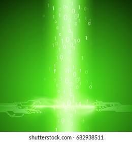 Stream of binary code with a circuit board texture and current arc. EPS10 vector green background for your business design.