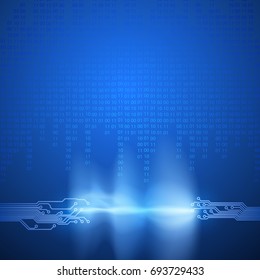 Stream of binary code with a circuit board texture and current arc. EPS10 vector blue background.