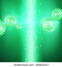 Stream of binary code with cog wheel. EPS10 vector green background.