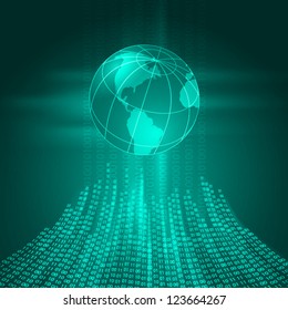 Stream of binary code to the earth (terrestrial globe). EPS10 vector background.