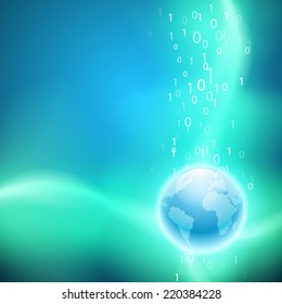Stream of binary code to the globe. EPS10 vector background.