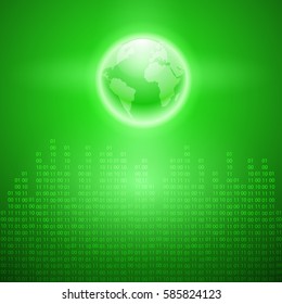 Stream of binary code with the globe. EPS10 vector green background.