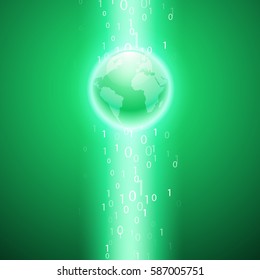 Stream of binary code to the globe. EPS10 vector green background for your business design.