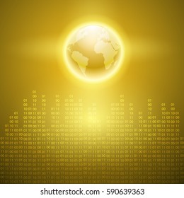 Stream of binary code with the globe. EPS10 vector yellow background.