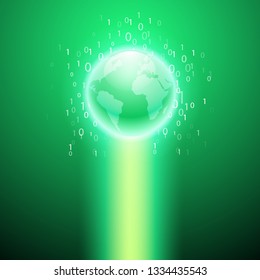 Stream of binary code to the globe. Green background.