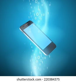 Stream of binary code with mobile phone. EPS10 vector background.